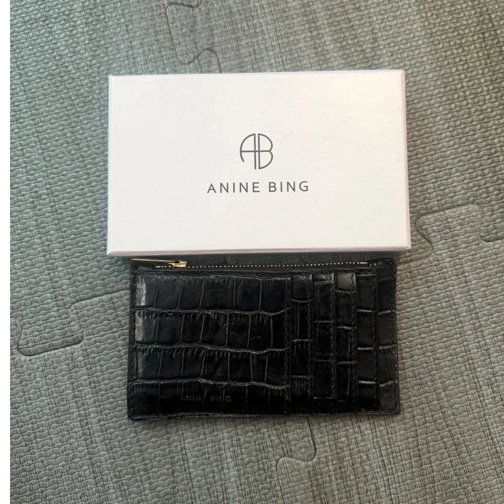 Anine Bing Black Croco Leather Card Case Zip Wallet A-13-4069-007 Gold‎ Hardware
